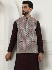 Men's Cotton Silk Wine Kurta and White Pyjama With Designer Maroon Nehru Jacket Set