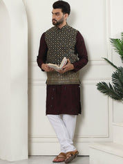 Men's Cotton Silk Neck Embroidered Wine Kurta and White Pyjama With Black Nehru Jacket Set