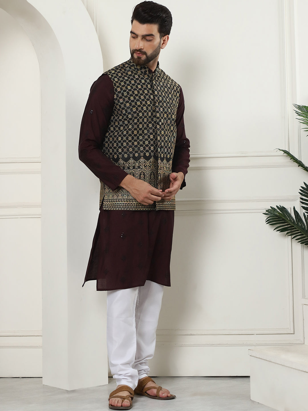 Men's Cotton Silk Neck Embroidered Wine Kurta and White Pyjama With Black Nehru Jacket Set