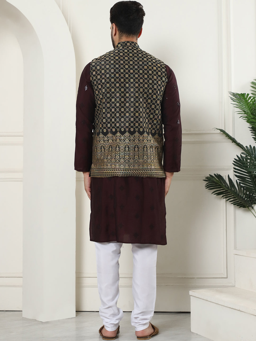 Men's Cotton Silk Neck Embroidered Wine Kurta and White Pyjama With Black Nehru Jacket Set