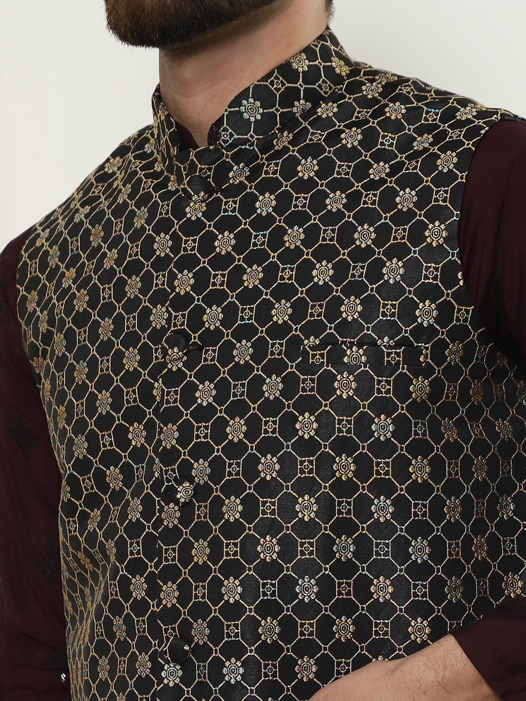 Men's Cotton Silk Neck Embroidered Wine Kurta and White Pyjama With Black Nehru Jacket Set