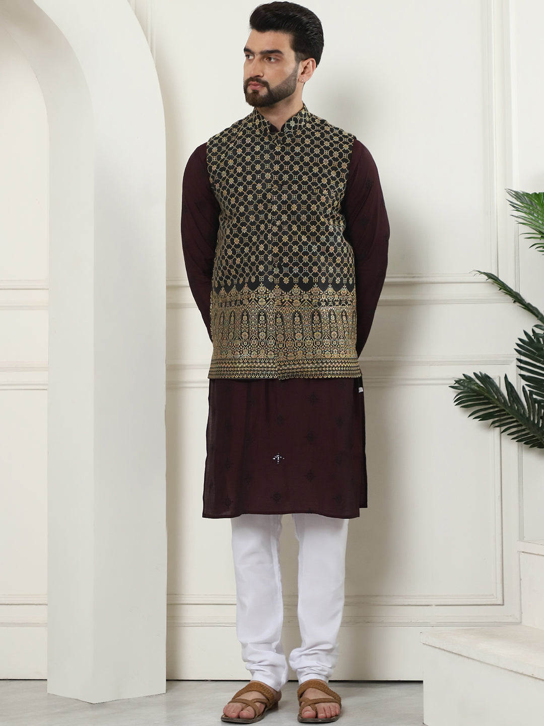 Men's Cotton Silk Neck Embroidered Wine Kurta and White Pyjama With Black Nehru Jacket Set