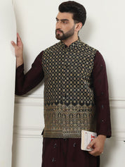 Men's Cotton Silk Neck Embroidered Wine Kurta and White Pyjama With Black Nehru Jacket Set