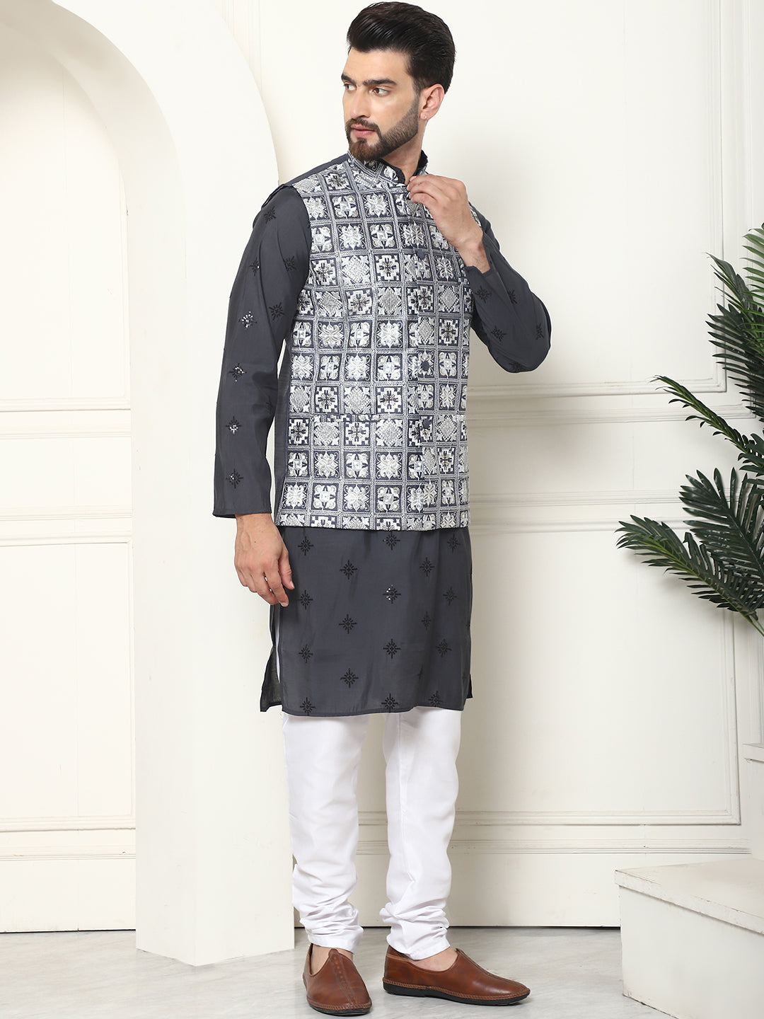 Men's Cotton Silk Grey Kurta and White Pyjama With Embroidered Grey Nehru Jacket Set