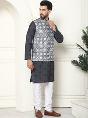 Men's Cotton Silk Grey Kurta and White Pyjama With Embroidered Grey Nehru Jacket Set