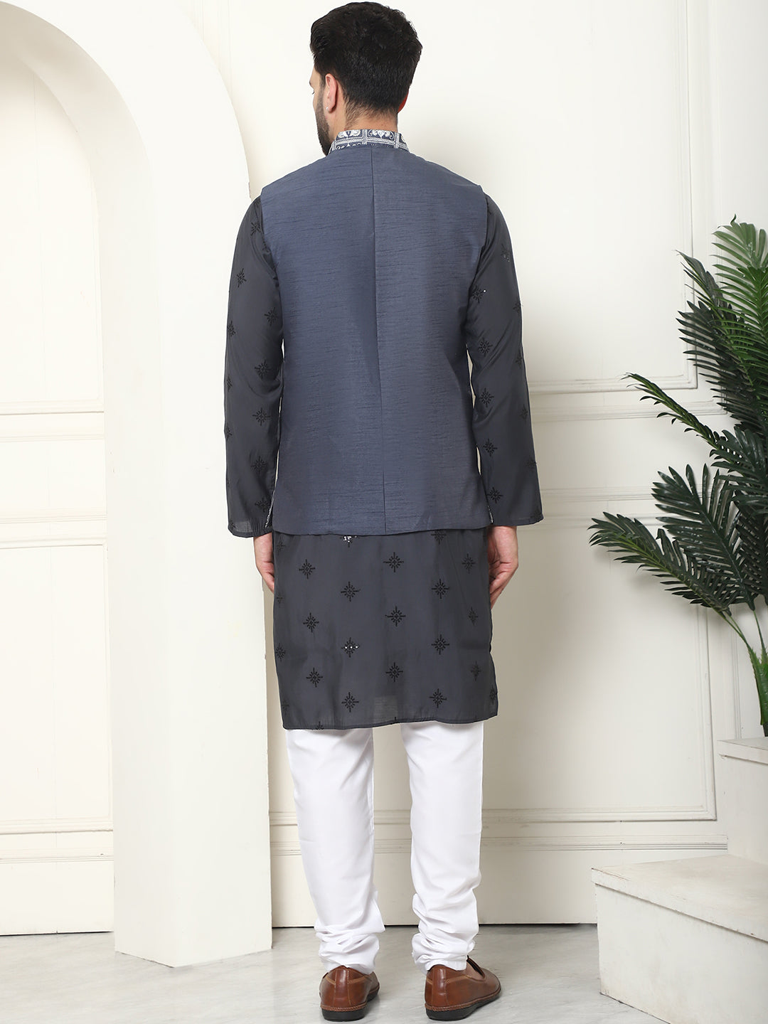 Men's Cotton Silk Grey Kurta and White Pyjama With Embroidered Grey Nehru Jacket Set