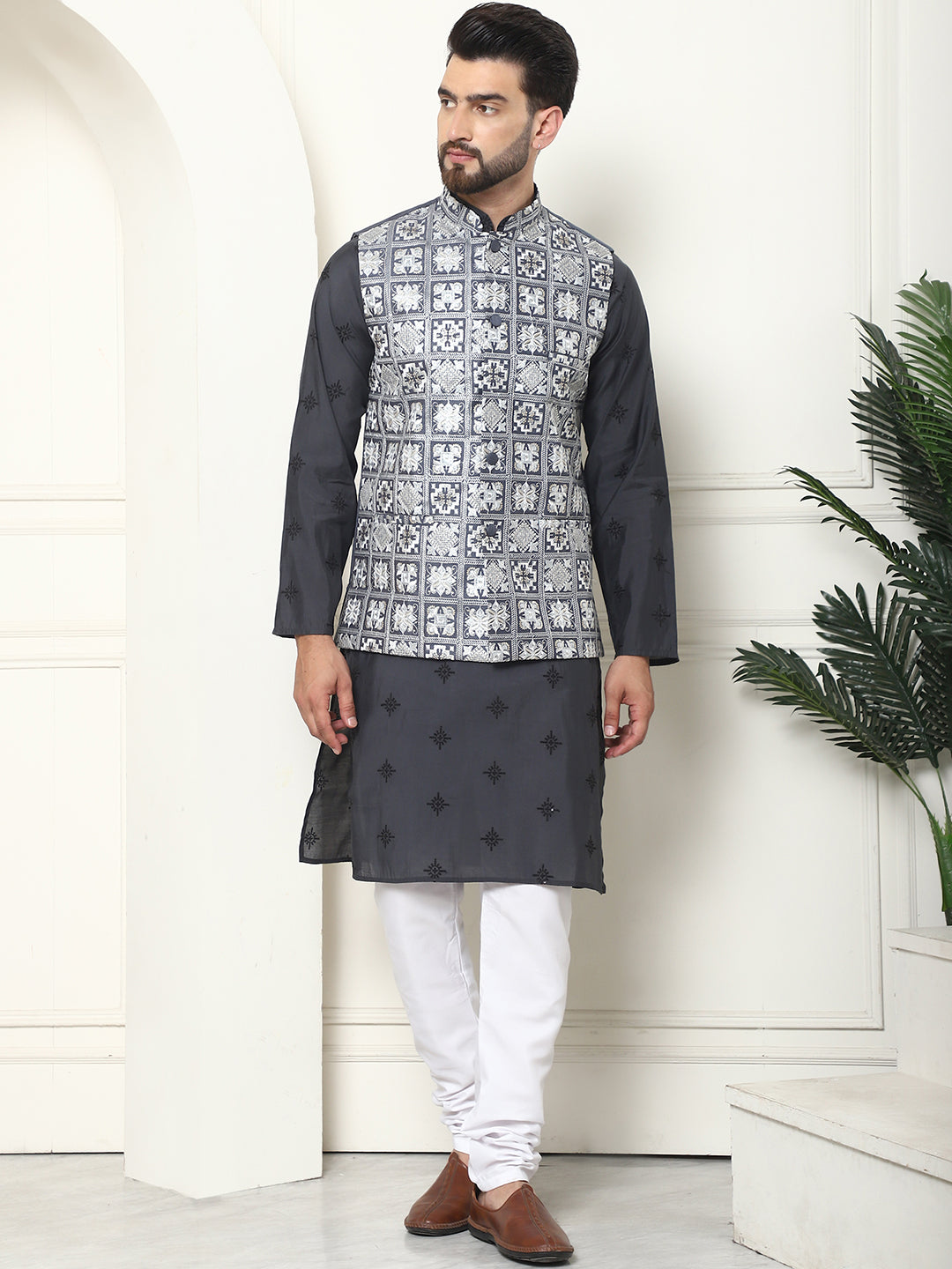 Men's Cotton Silk Grey Kurta and White Pyjama With Embroidered Grey Nehru Jacket Set