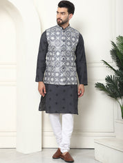 Men's Cotton Silk Grey Kurta and White Pyjama With Embroidered Grey Nehru Jacket Set