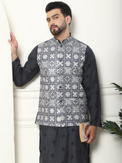 Men's Cotton Silk Grey Kurta and White Pyjama With Embroidered Grey Nehru Jacket Set