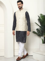 Men's Cotton Silk Neck Embroidered Grey Kurta and White Pyjama With Cream Nehru Jacket Set