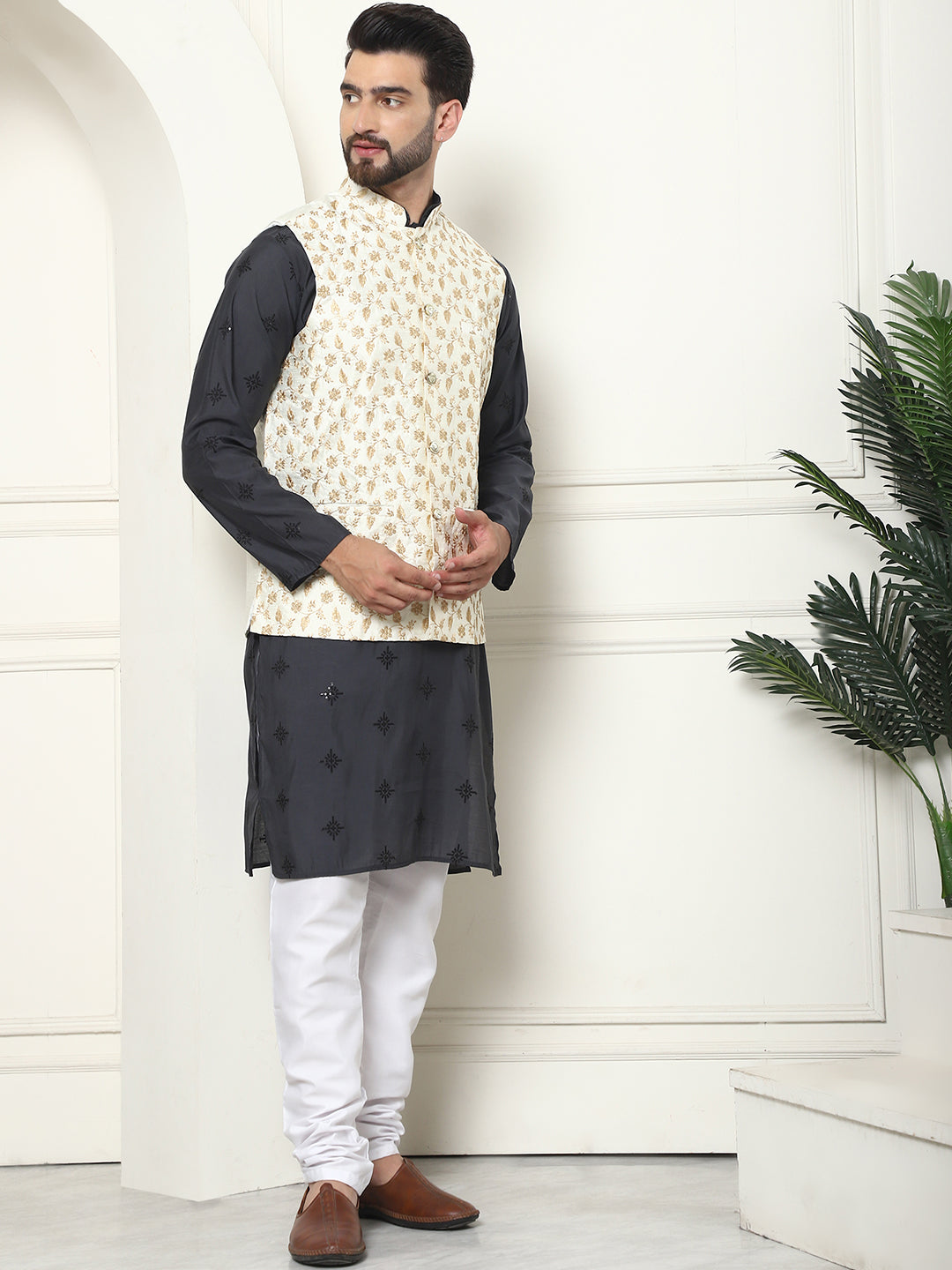 Men's Cotton Silk Neck Embroidered Grey Kurta and White Pyjama With Cream Nehru Jacket Set