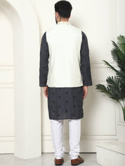 Men's Cotton Silk Neck Embroidered Grey Kurta and White Pyjama With Cream Nehru Jacket Set