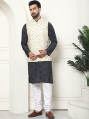 Men's Cotton Silk Neck Embroidered Grey Kurta and White Pyjama With Cream Nehru Jacket Set