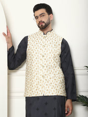 Men's Cotton Silk Neck Embroidered Grey Kurta and White Pyjama With Cream Nehru Jacket Set