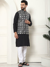 Men's Cotton Silk Black Kurta and White Pyjama With Embroidered Black Nehru Jacket Set