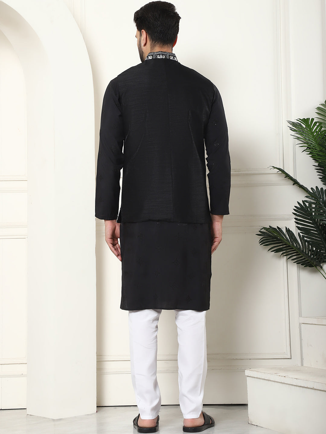 Men's Cotton Silk Black Kurta and White Pyjama With Embroidered Black Nehru Jacket Set