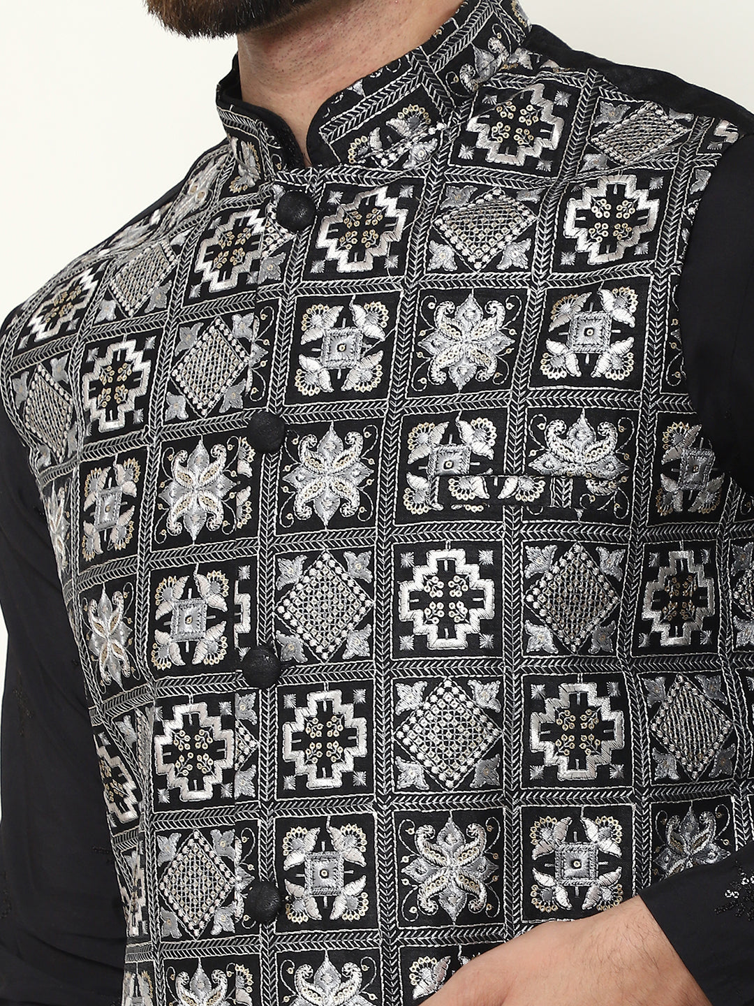 Men's Cotton Silk Black Kurta and White Pyjama With Embroidered Black Nehru Jacket Set