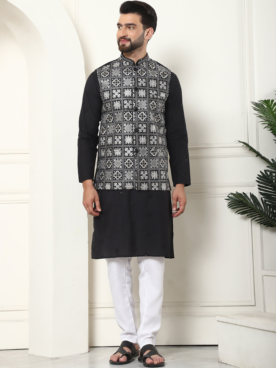 Men's Cotton Silk Black Kurta and White Pyjama With Embroidered Black Nehru Jacket Set