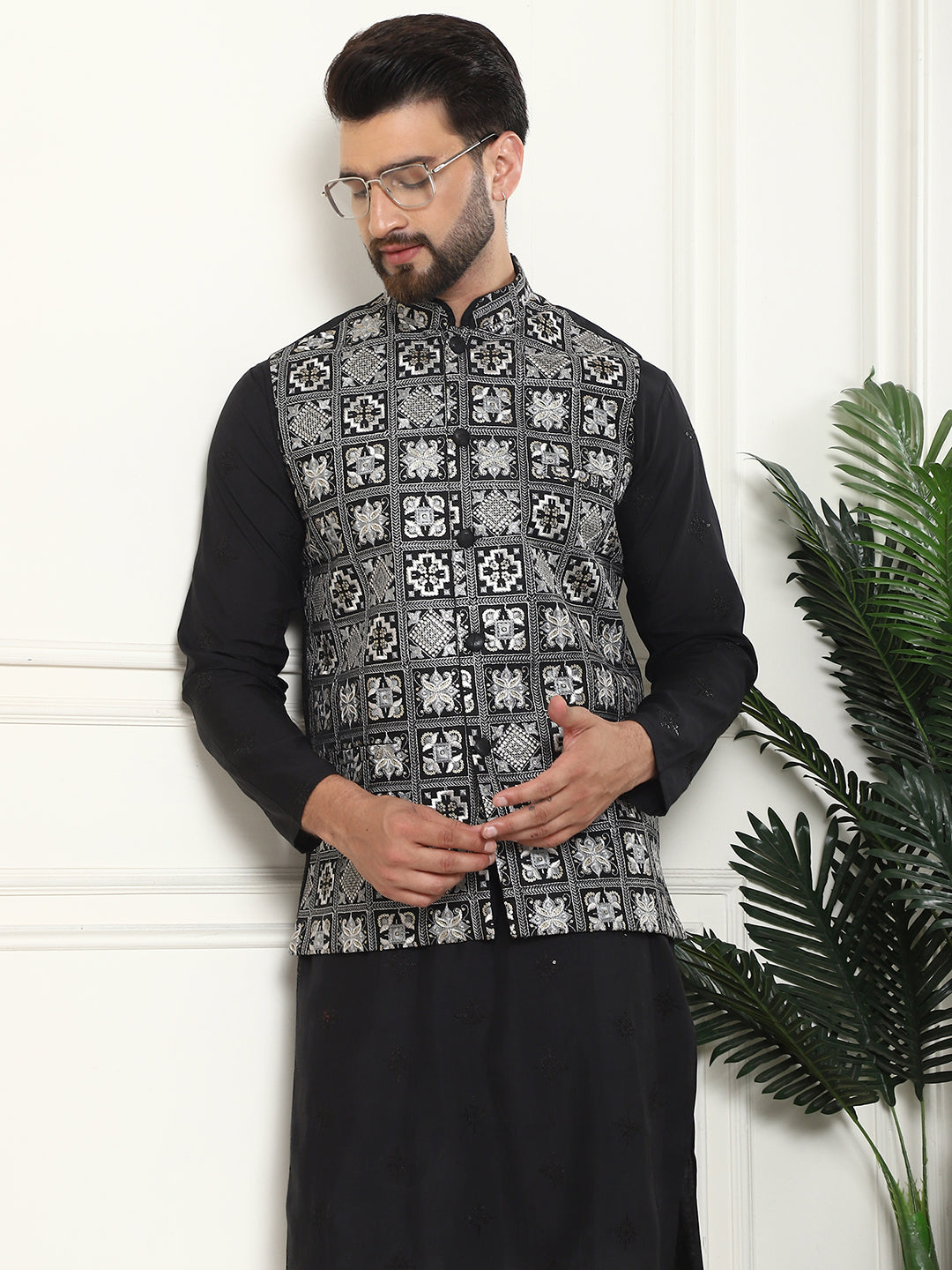 Men's Cotton Silk Black Kurta and White Pyjama With Embroidered Black Nehru Jacket Set