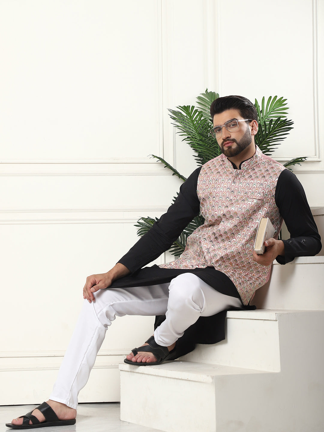 Men's Cotton Silk Black Kurta and White Pyjama With Designer Peach Nehru Jacket Set