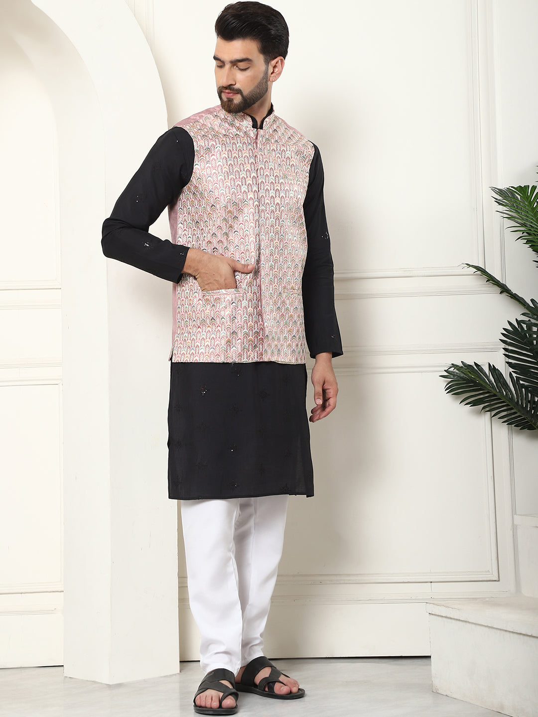 Men's Cotton Silk Black Kurta and White Pyjama With Designer Peach Nehru Jacket Set