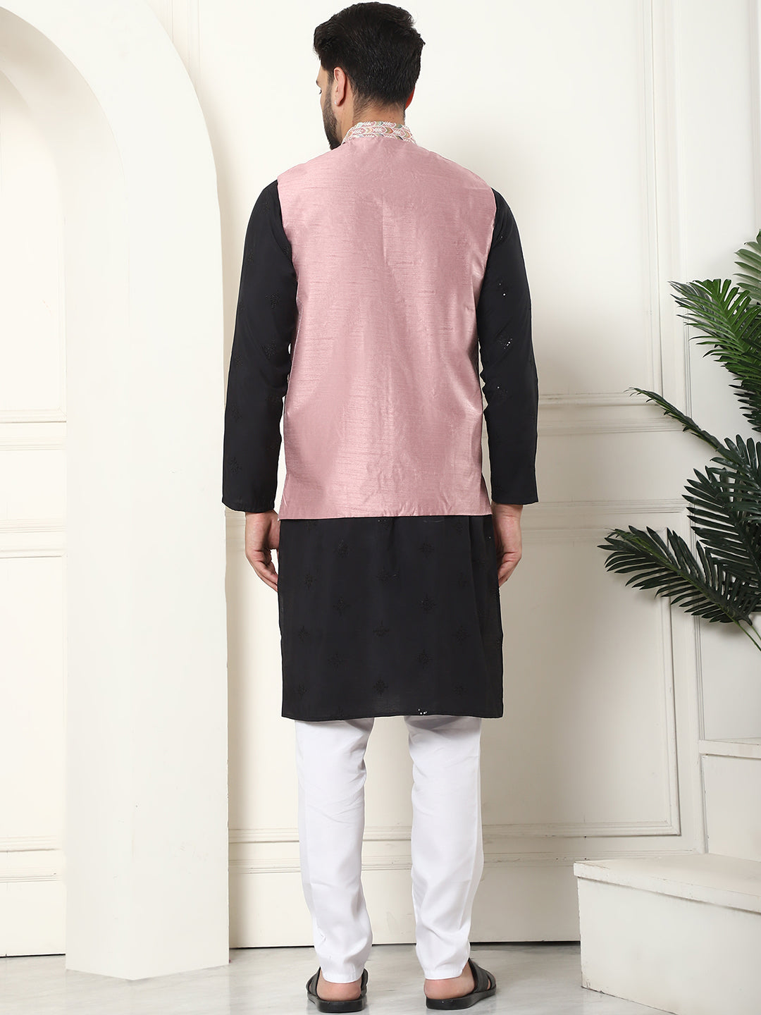 Men's Cotton Silk Black Kurta and White Pyjama With Designer Peach Nehru Jacket Set