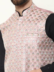 Men's Cotton Silk Black Kurta and White Pyjama With Designer Peach Nehru Jacket Set