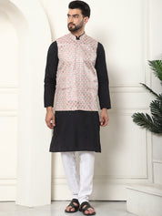 Men's Cotton Silk Black Kurta and White Pyjama With Designer Peach Nehru Jacket Set