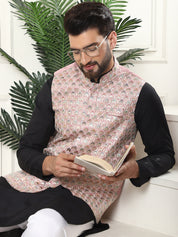 Men's Cotton Silk Black Kurta and White Pyjama With Designer Peach Nehru Jacket Set