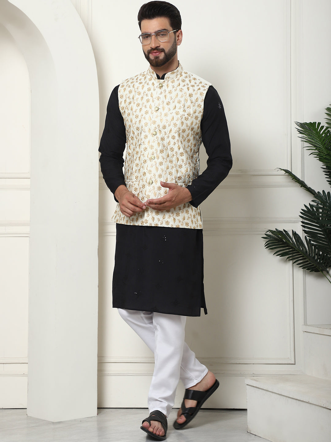 Men's Cotton Silk Neck Embroidered Black Kurta and White Pyjama With Cream Nehru Jacket Set