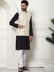 Men's Cotton Silk Neck Embroidered Black Kurta and White Pyjama With Cream Nehru Jacket Set