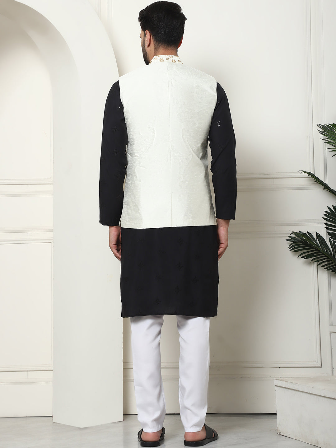 Men's Cotton Silk Neck Embroidered Black Kurta and White Pyjama With Cream Nehru Jacket Set