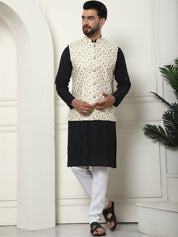 Men's Cotton Silk Neck Embroidered Black Kurta and White Pyjama With Cream Nehru Jacket Set