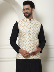 Men's Cotton Silk Neck Embroidered Black Kurta and White Pyjama With Cream Nehru Jacket Set