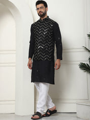 Men's Cotton Silk Black Kurta and White Pyjama With Sequins Black Nehru Jacket Set