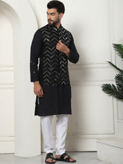 Men's Cotton Silk Black Kurta and White Pyjama With Sequins Black Nehru Jacket Set