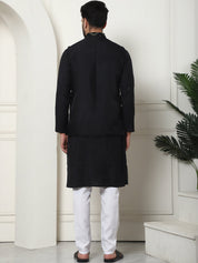 Men's Cotton Silk Black Kurta and White Pyjama With Sequins Black Nehru Jacket Set