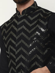 Men's Cotton Silk Black Kurta and White Pyjama With Sequins Black Nehru Jacket Set