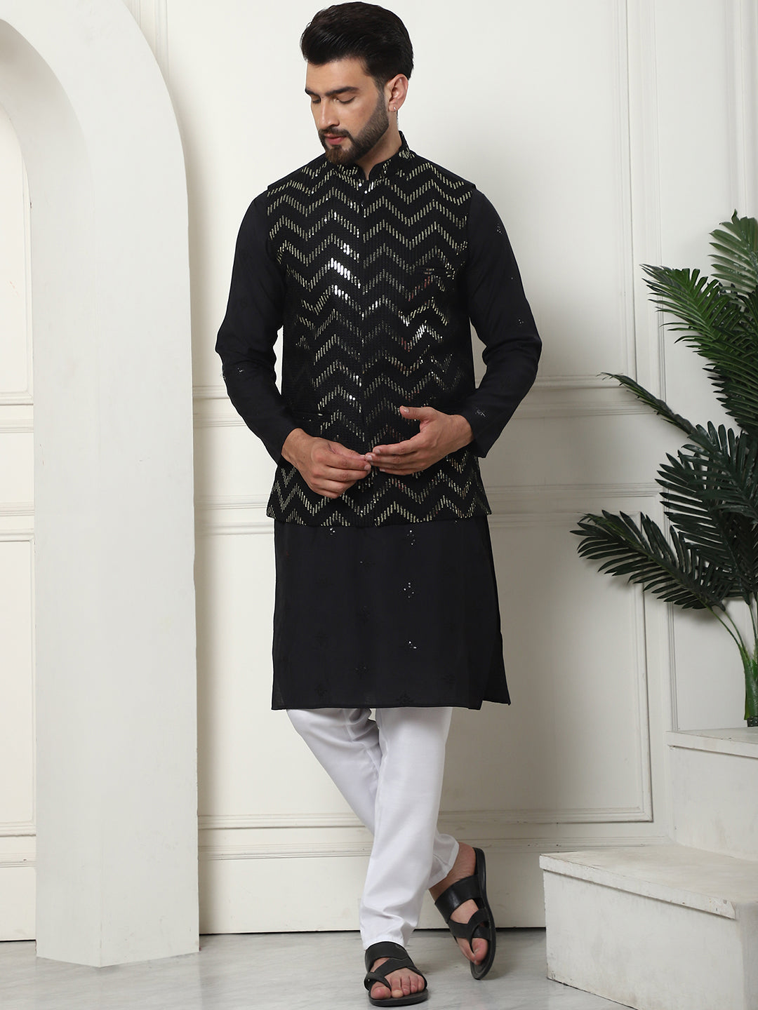 Men's Cotton Silk Black Kurta and White Pyjama With Sequins Black Nehru Jacket Set