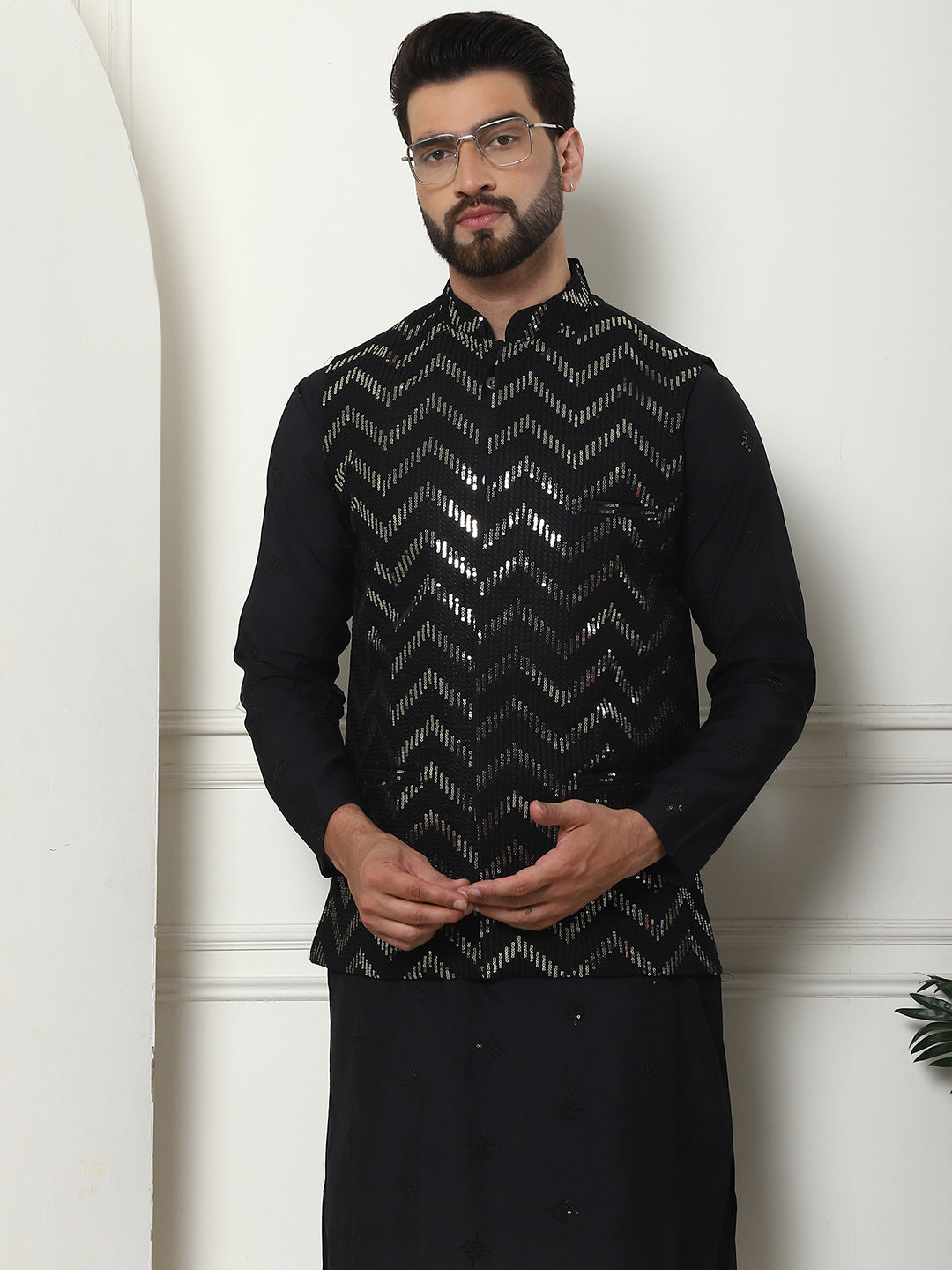 Men's Cotton Silk Black Kurta and White Pyjama With Sequins Black Nehru Jacket Set