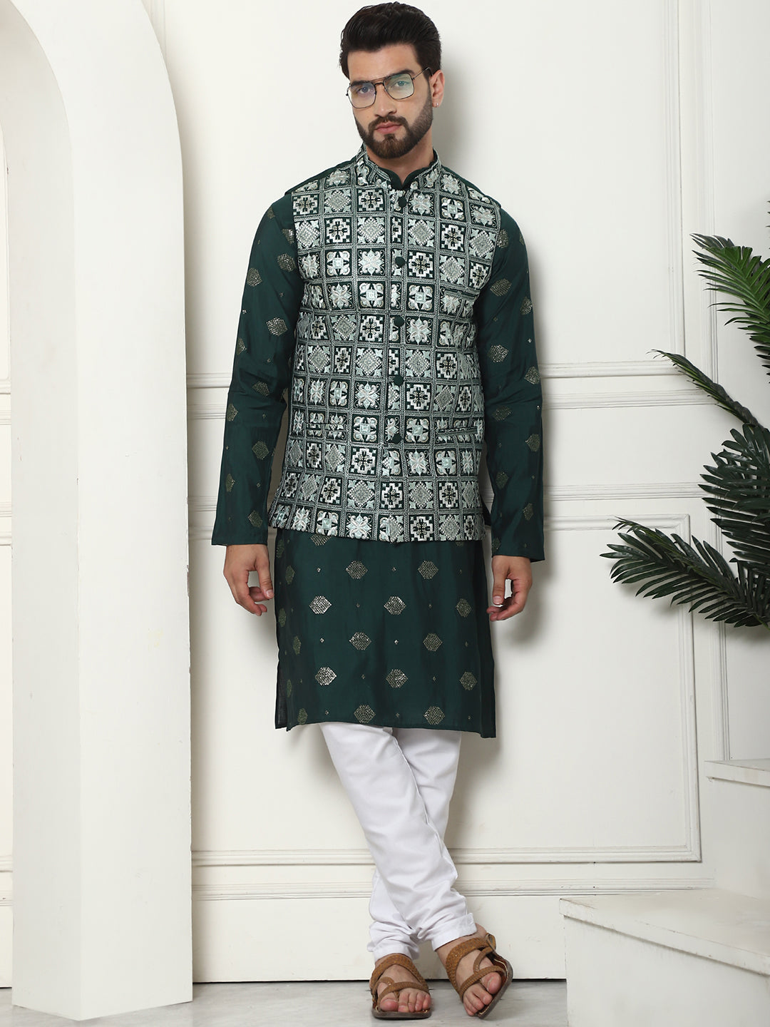 Men's Cotton Silk Sequinned Embroidered Green Kurta and White Pyjama With Embroidered Green Nehru Jacket Set