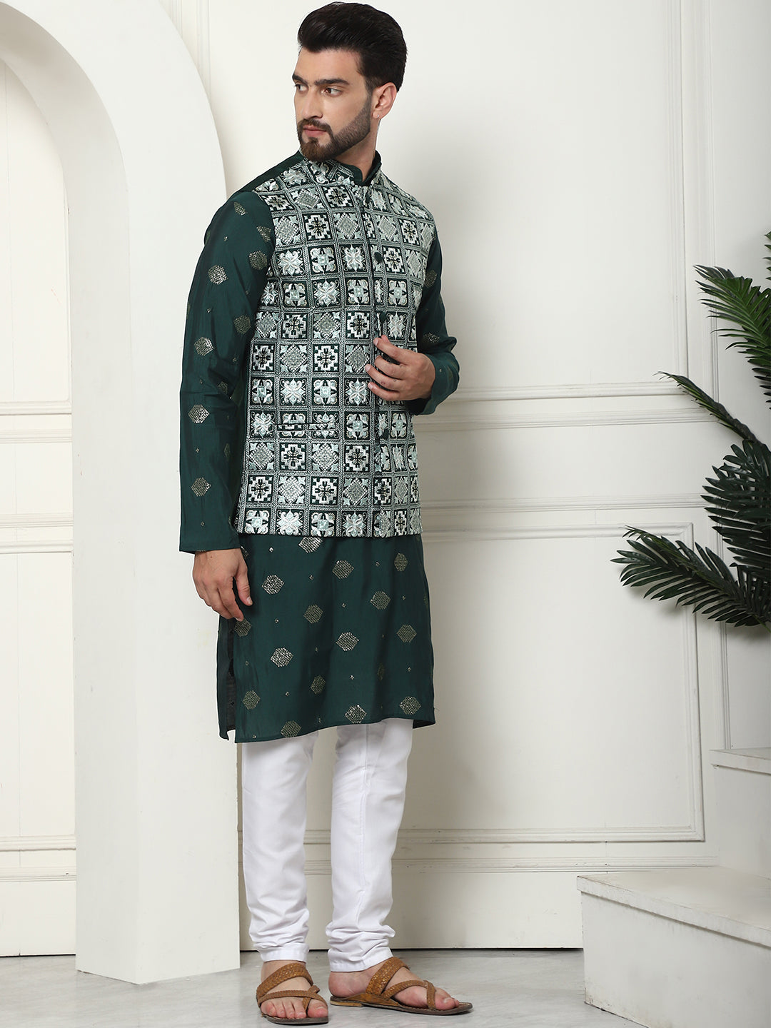 Men's Cotton Silk Sequinned Embroidered Green Kurta and White Pyjama With Embroidered Green Nehru Jacket Set