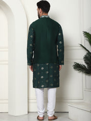 Men's Cotton Silk Sequinned Embroidered Green Kurta and White Pyjama With Embroidered Green Nehru Jacket Set