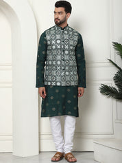 Men's Cotton Silk Sequinned Embroidered Green Kurta and White Pyjama With Embroidered Green Nehru Jacket Set