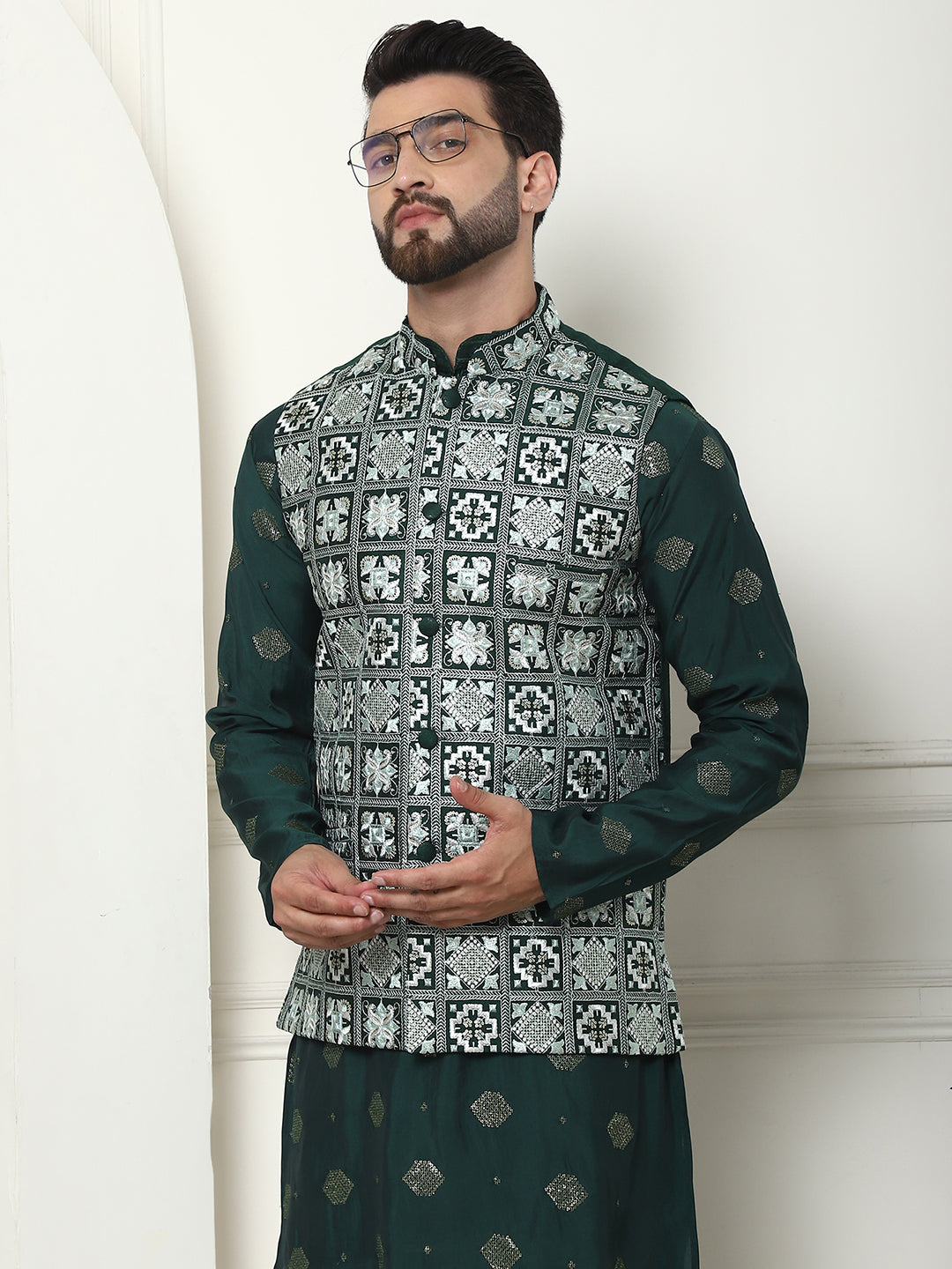 Men's Cotton Silk Sequinned Embroidered Green Kurta and White Pyjama With Embroidered Green Nehru Jacket Set