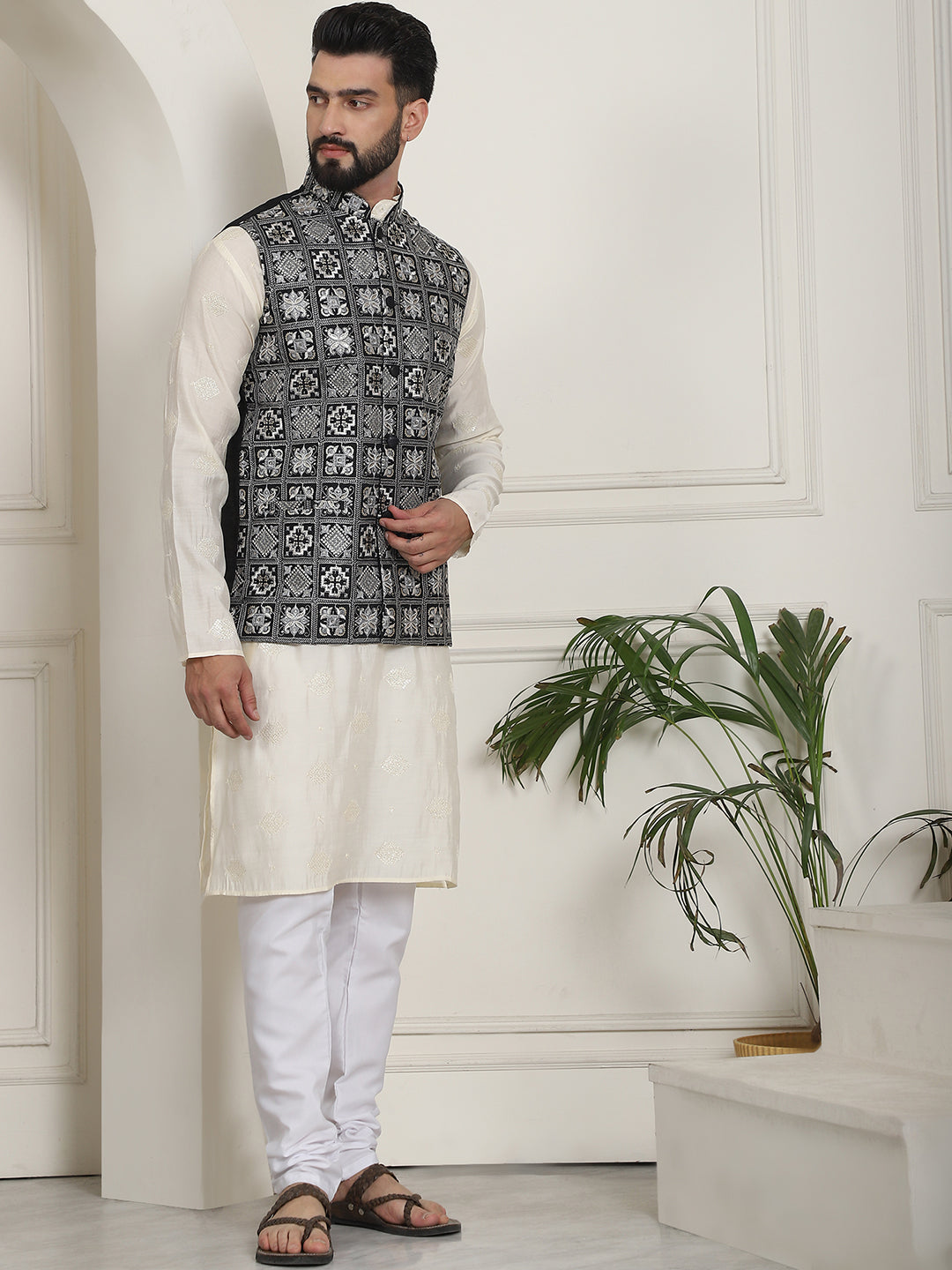 Men's Cotton Silk Sequinned Embroidered Cream Kurta and White Pyjama With Embroidered Black Nehru Jacket