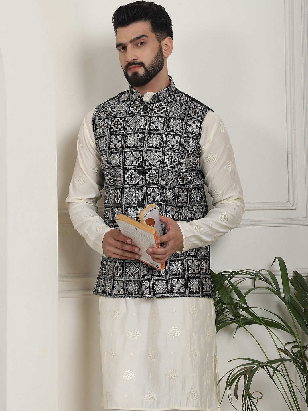 Men's Cotton Silk Sequinned Embroidered Cream Kurta and White Pyjama With Embroidered Black Nehru Jacket