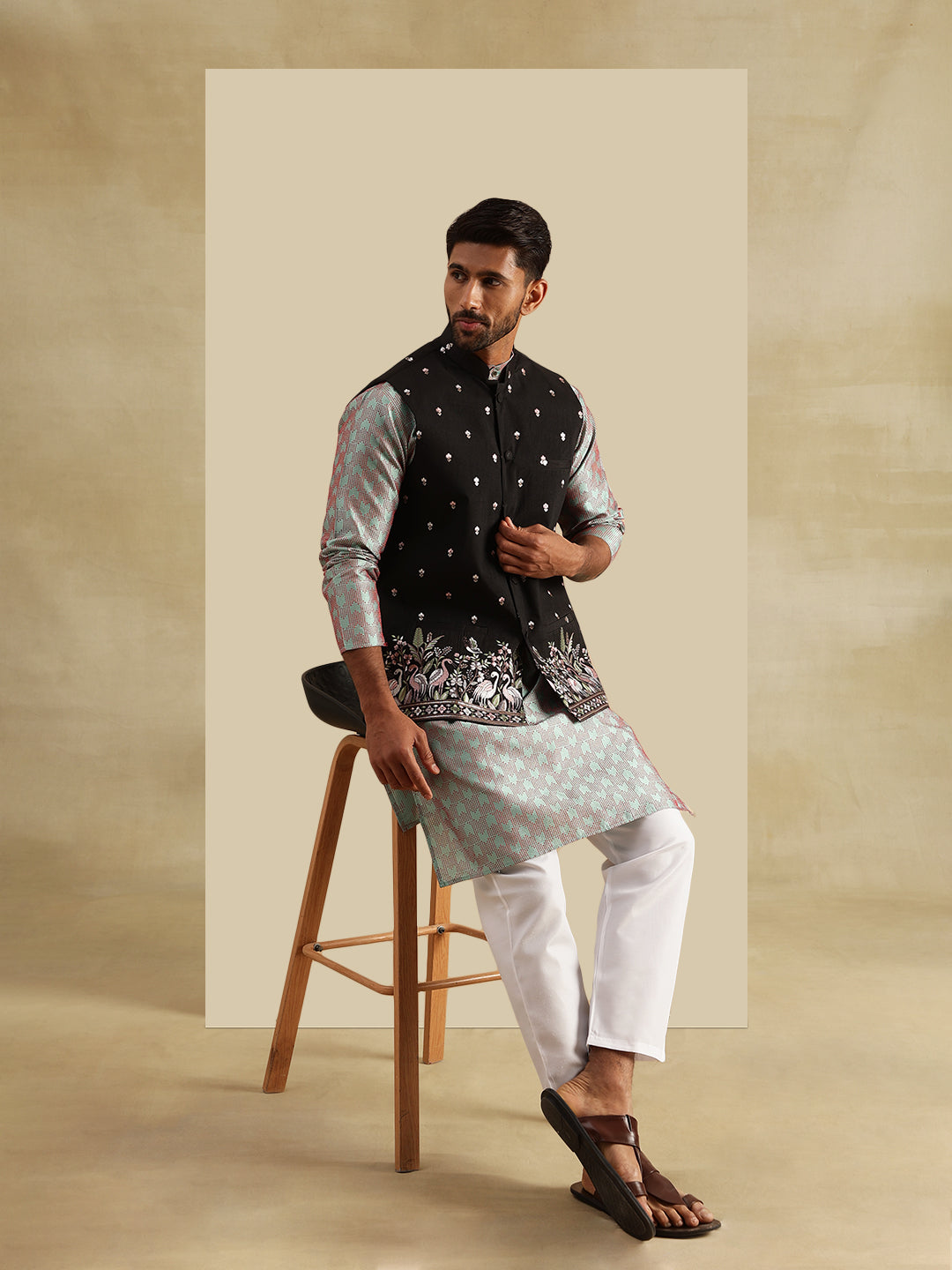 Men's Jacquard Silk Green Kurta and White Pyjama With Daman Embroidered Black Nehru Jacket