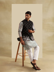 Men's Jacquard Silk Green Kurta and White Pyjama With Daman Embroidered Black Nehru Jacket
