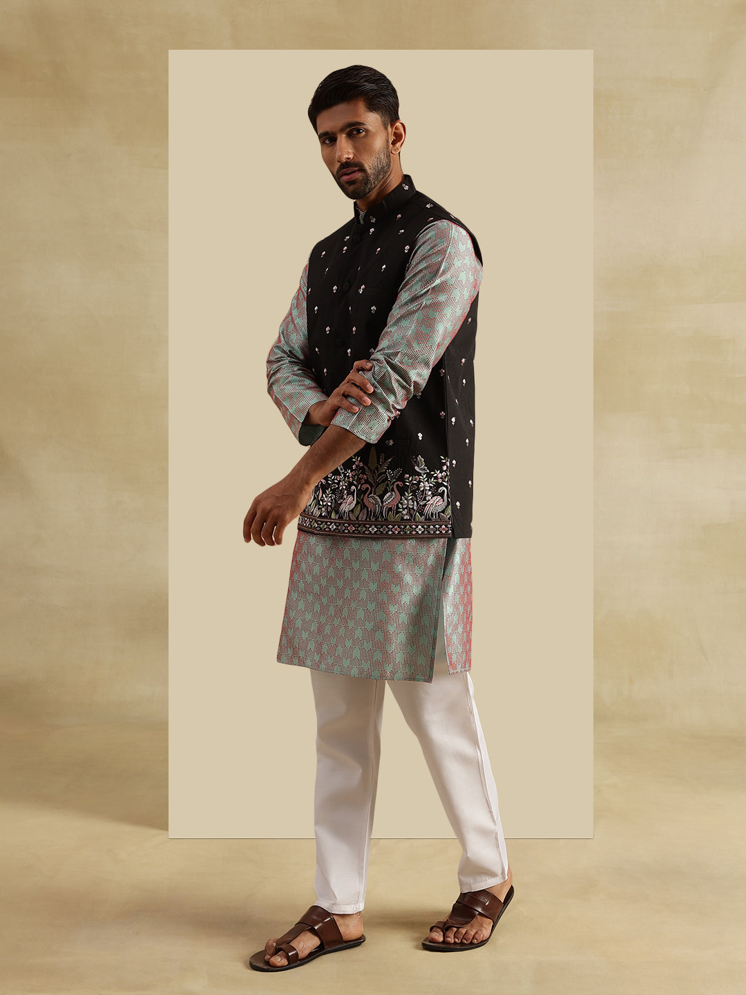 Men's Jacquard Silk Green Kurta and White Pyjama With Daman Embroidered Black Nehru Jacket